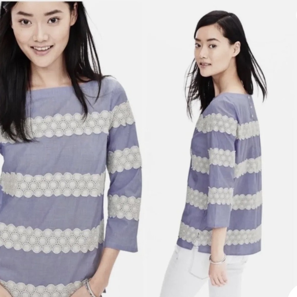 Banana Republic Lace Stripe Chambray 3/4 Sleeve Top SP EUC